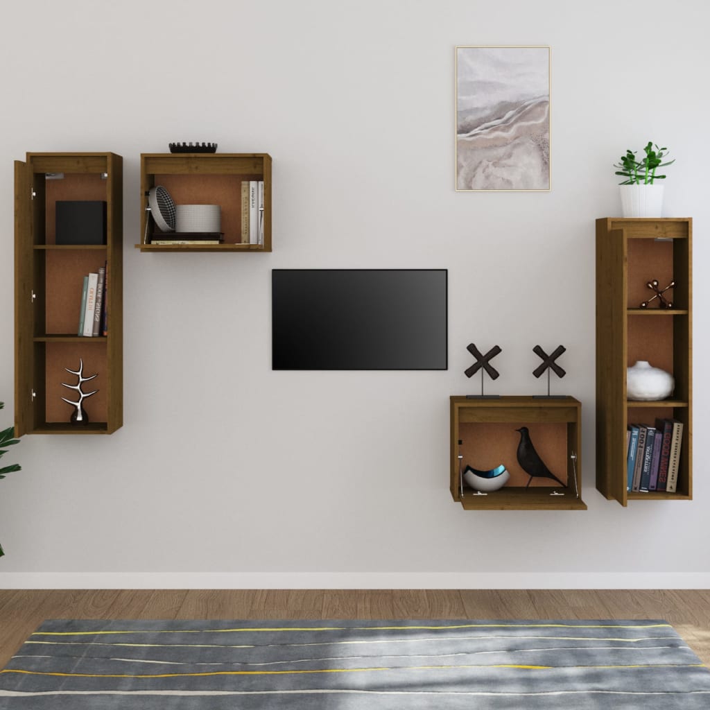vidaXL Comode TV, maro miere, 4 buc., lemn masiv de pin