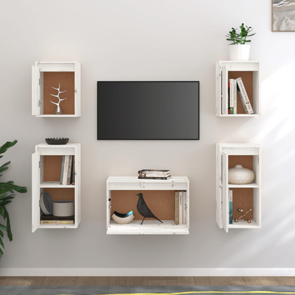 vidaXL Comode TV, alb, 5 buc., lemn masiv de pin