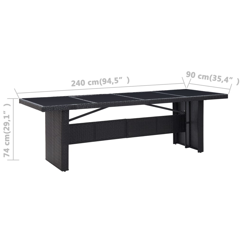 vidaXL Masă de grădină, negru, 240 x 90 x 74 cm, poliratan și sticlă