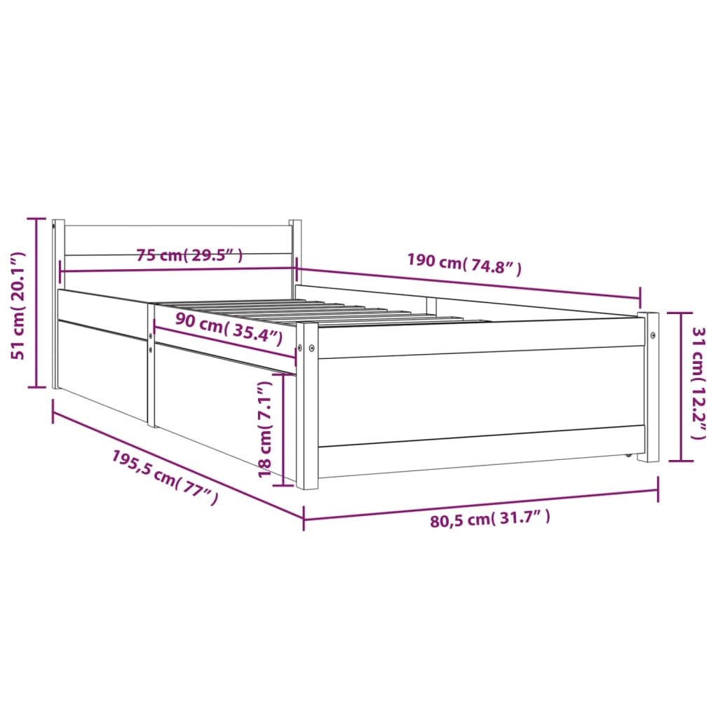 vidaXL Cadru de pat cu sertare Small Single, 75x190 cm