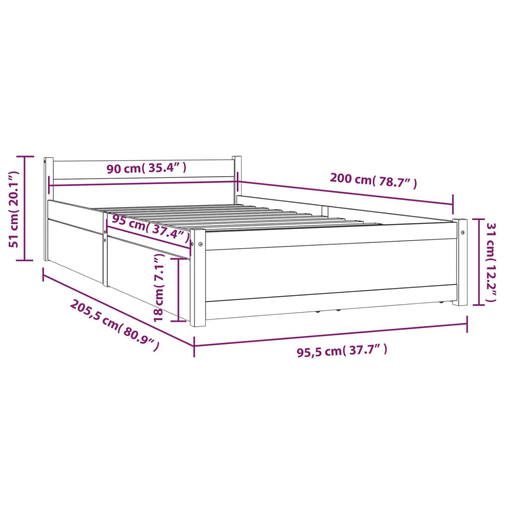vidaXL Cadru de pat cu sertare, negru, 90x200 cm