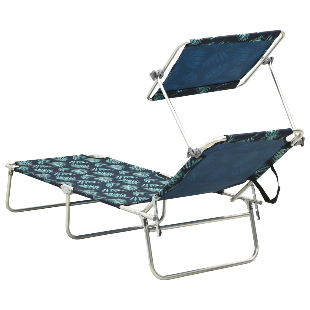 vidaXL Șezlong pliabil cu copertină, imprimeu frunze, aluminiu vidaXL Șezlong pliabil cu copertină, imprimeu frunze, aluminiu