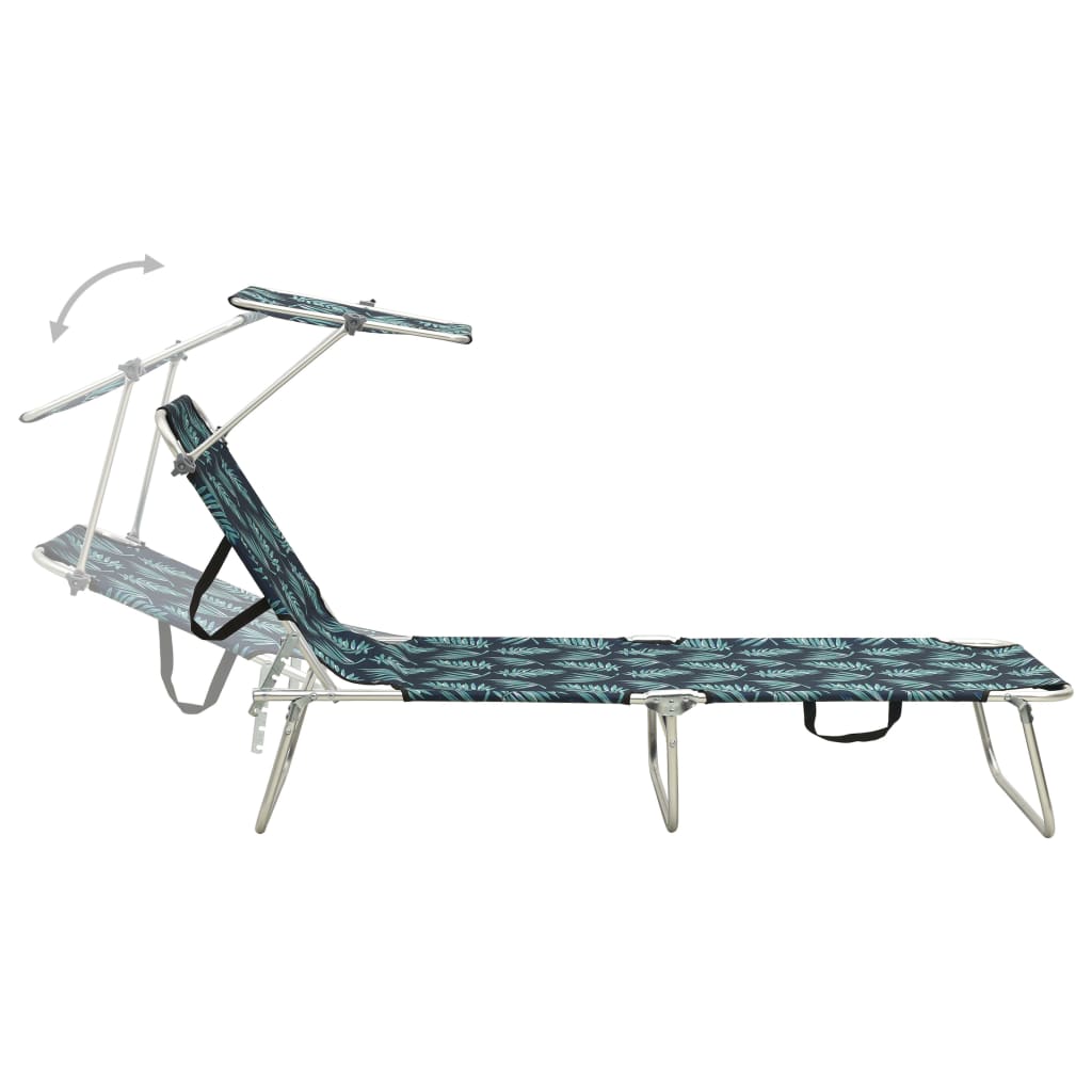vidaXL Șezlong pliabil cu copertină, imprimeu frunze, aluminiu vidaXL Șezlong pliabil cu copertină, imprimeu frunze, aluminiu
