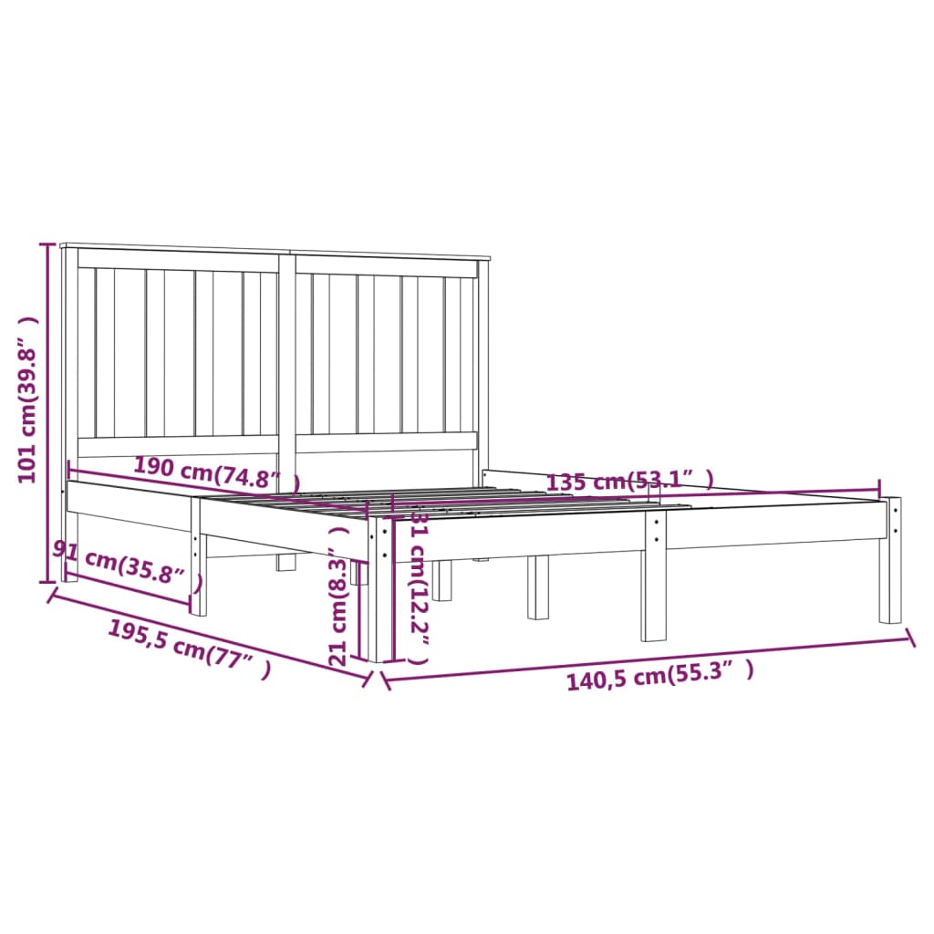 vidaXL Cadru de pat dublu, 135x190 cm, lemn masiv de pin