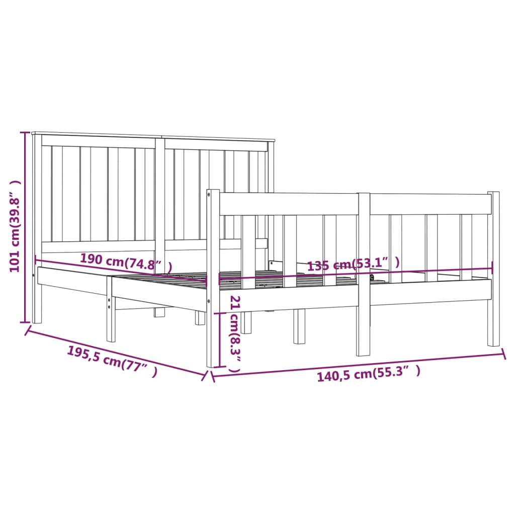 vidaXL Cadru de pat dublu, 135x190 cm, lemn masiv de pin vidaXL Cadru de pat dublu, 135x190 cm, lemn masiv de pin