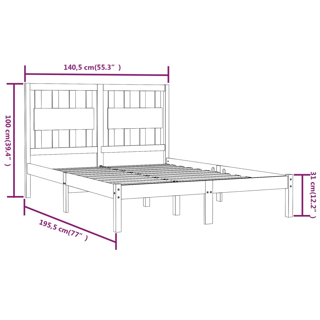 vidaXL Cadru de pat dublu, 135x190 cm, lemn masiv de pin