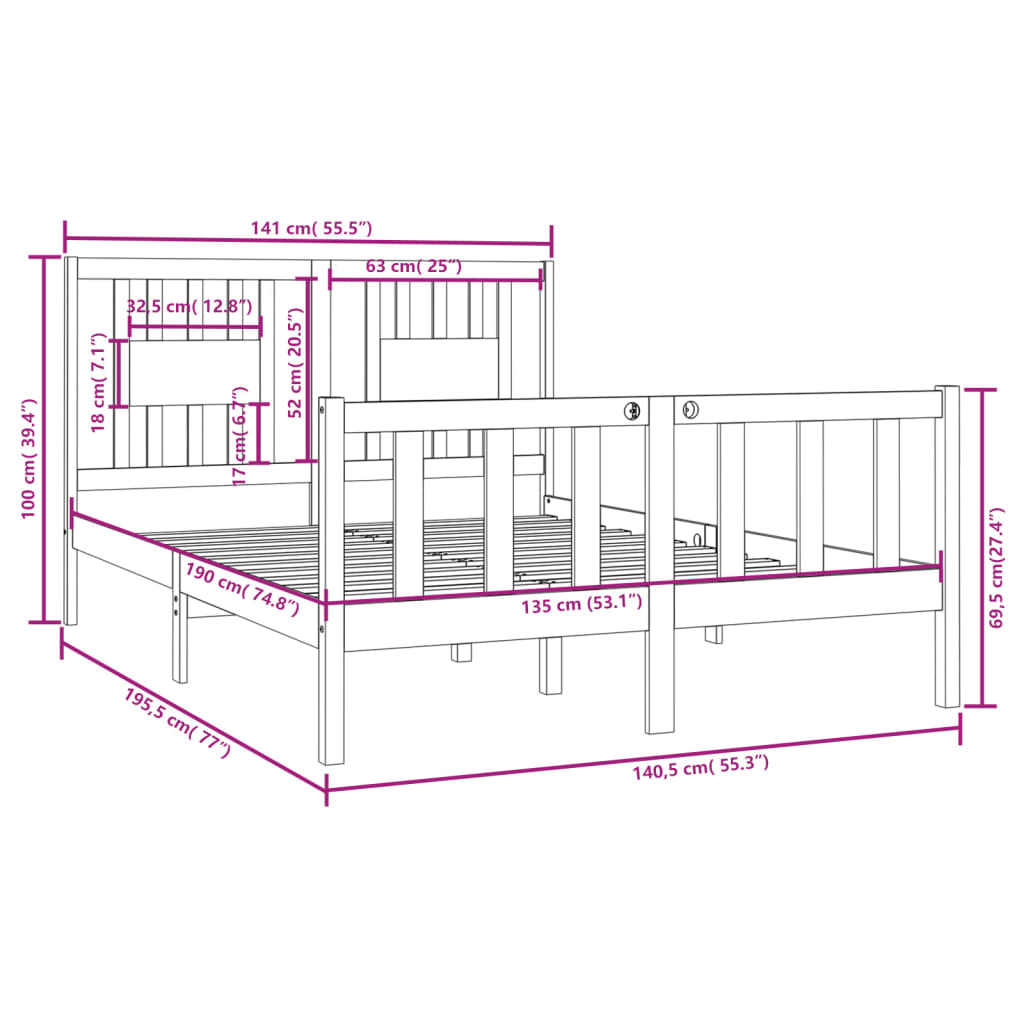 vidaXL Cadru de pat dublu, alb, 135x190 cm, lemn masiv