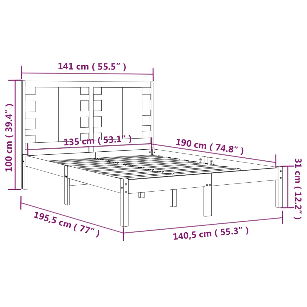 vidaXL Cadru de pat dublu, 135x190 cm, lemn masiv