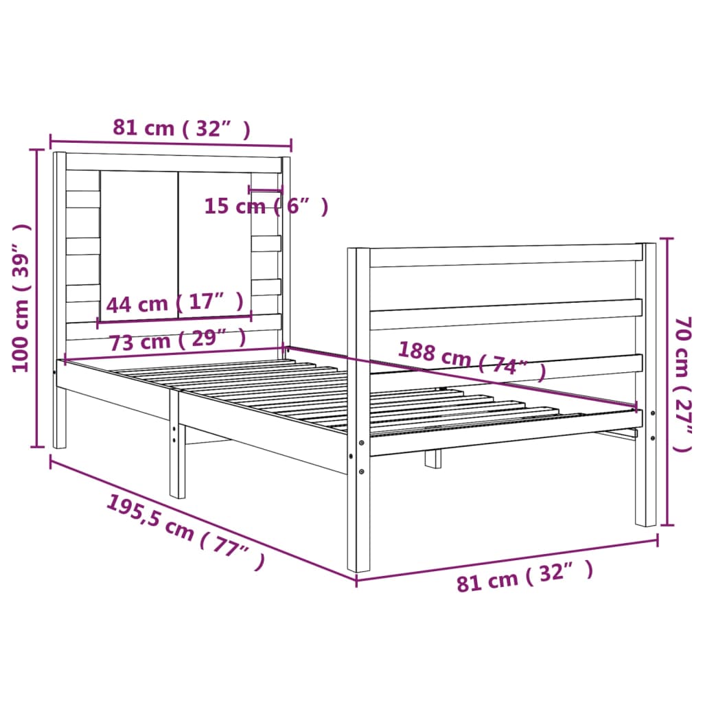 vidaXL Cadru de pat fără saltea, alb, 75x190 cm, lemn masiv de pin