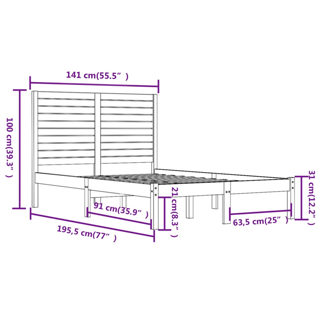 vidaXL Cadru de pat dublu, 135x190 cm, lemn masiv