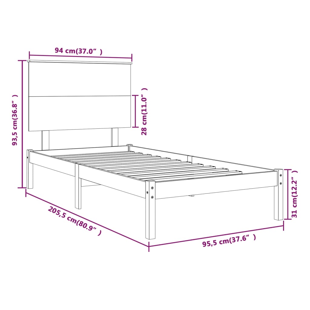 vidaXL Cadru de pat fără saltea, alb, 90x200 cm, lemn masiv pin