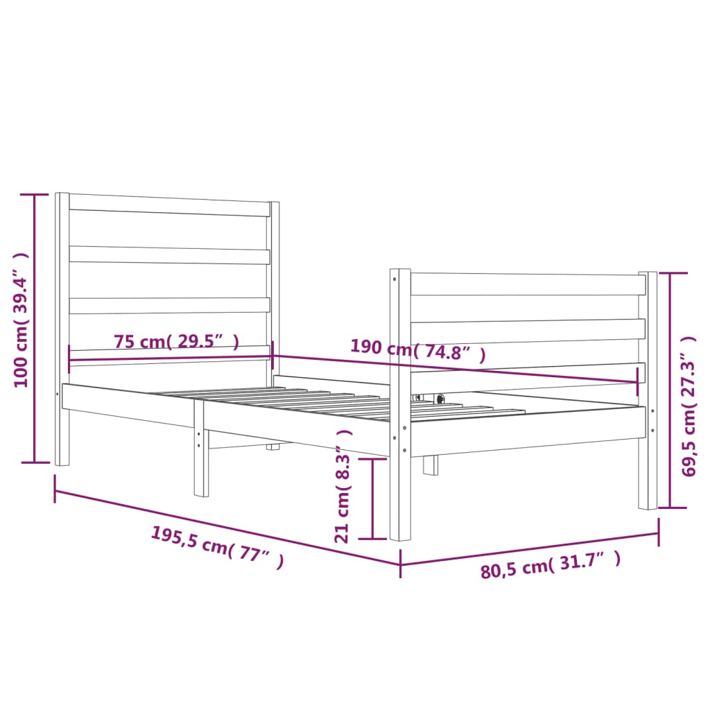 vidaXL Cadru de pat fără saltea, alb, 75x190 cm, lemn masiv de pin