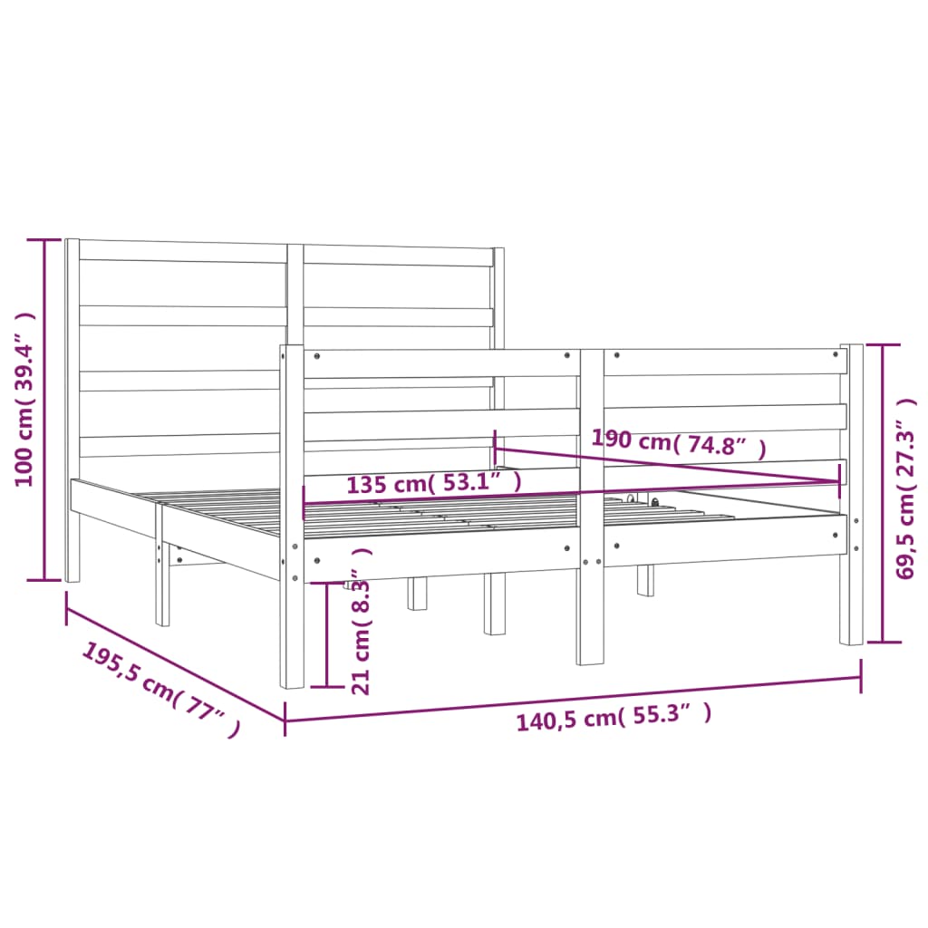 vidaXL Cadru de pat dublu, 135x190 cm, lemn masiv de pin