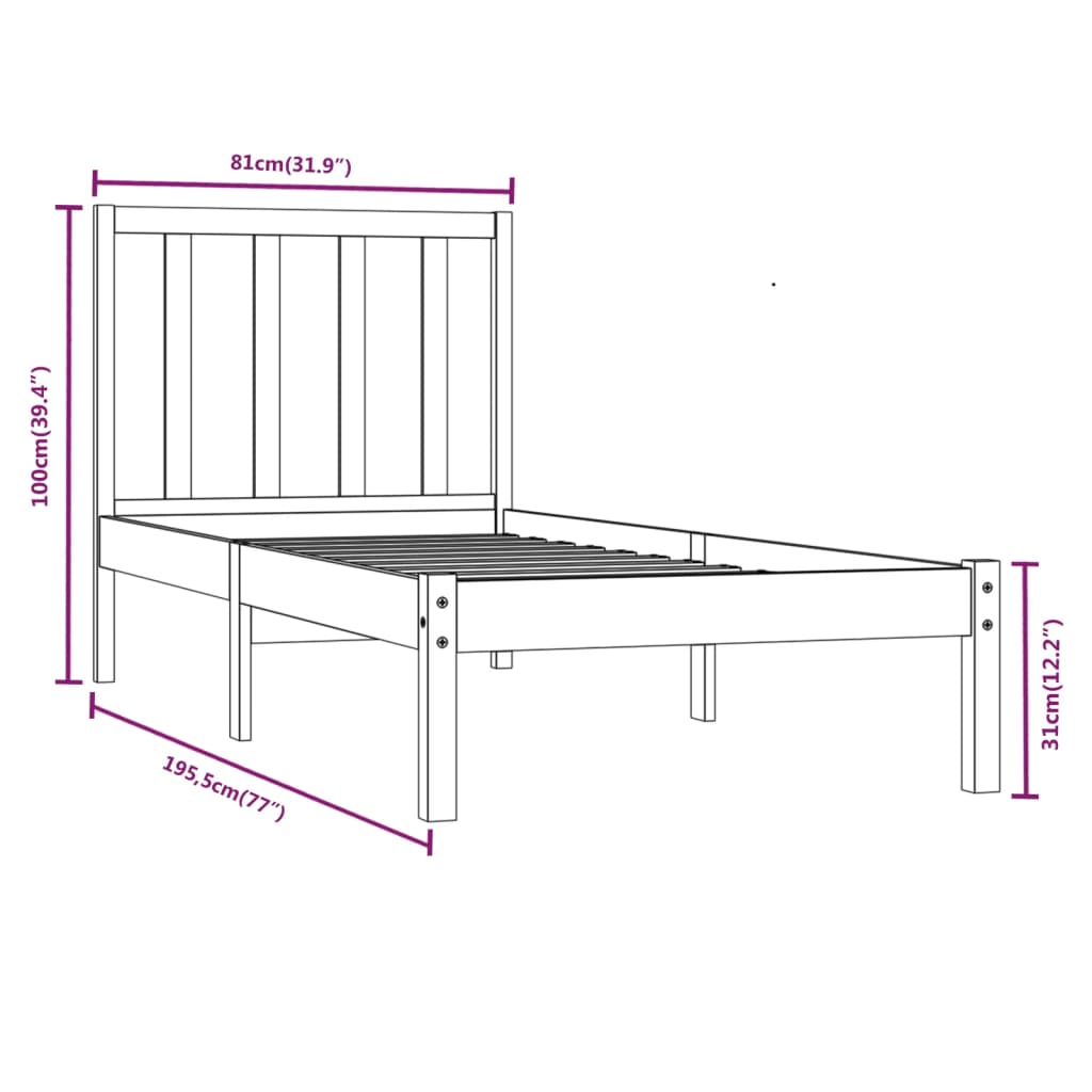 vidaXL Cadru de pat fără saltea, 75x190 cm, lemn masiv de pin
