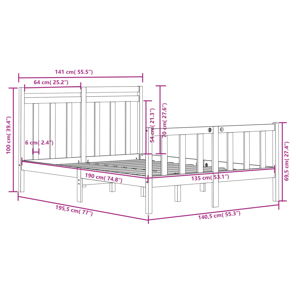 vidaXL Cadru de pat dublu, alb, 135x190 cm, lemn masiv