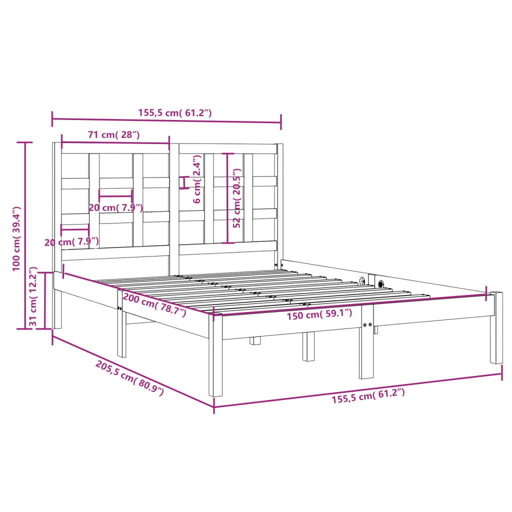 vidaXL Cadru de pat King Size, alb, 150x200 cm, lemn masiv vidaXL Cadru de pat King Size, alb, 150x200 cm, lemn masiv