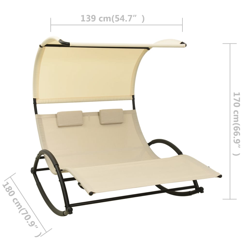 vidaXL Șezlong de plajă dublu cu baldachin, crem, textilenă vidaXL Șezlong de plajă dublu cu baldachin, crem, textilenă