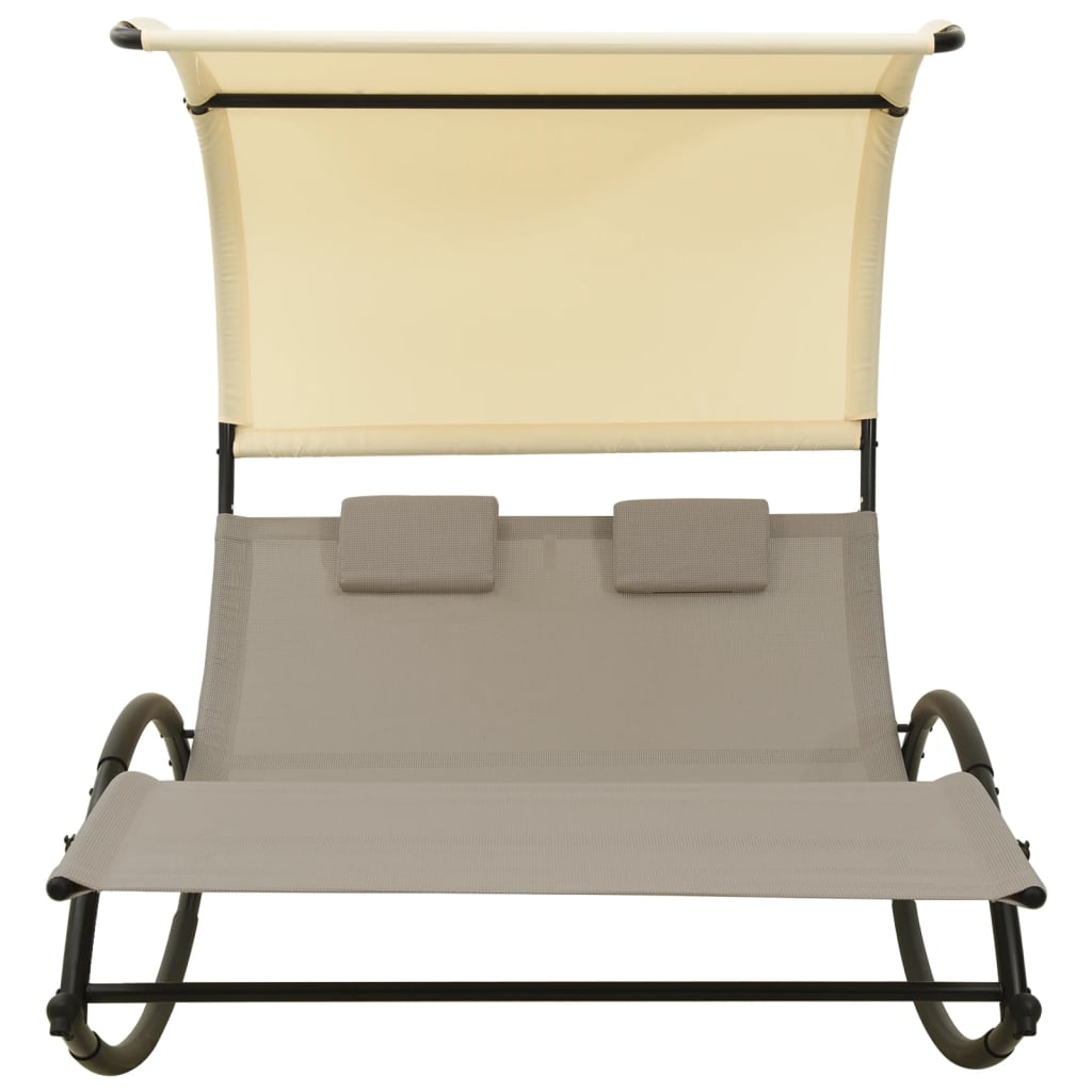 vidaXL Șezlong de plajă dublu cu baldachin, gri taupe&crem, textilenă vidaXL Șezlong de plajă dublu cu baldachin, gri taupe&crem, textilenă
