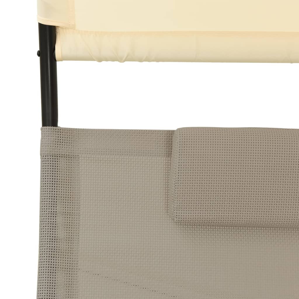 vidaXL Șezlong de plajă dublu cu baldachin, gri taupe&crem, textilenă vidaXL Șezlong de plajă dublu cu baldachin, gri taupe&crem, textilenă
