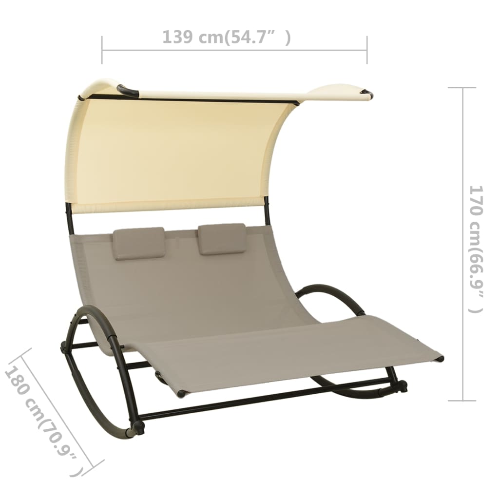vidaXL Șezlong de plajă dublu cu baldachin, gri taupe&crem, textilenă vidaXL Șezlong de plajă dublu cu baldachin, gri taupe&crem, textilenă