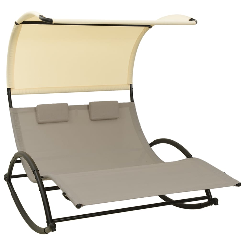 vidaXL Șezlong de plajă dublu cu baldachin, gri taupe&crem, textilenă vidaXL Șezlong de plajă dublu cu baldachin, gri taupe&crem, textilenă