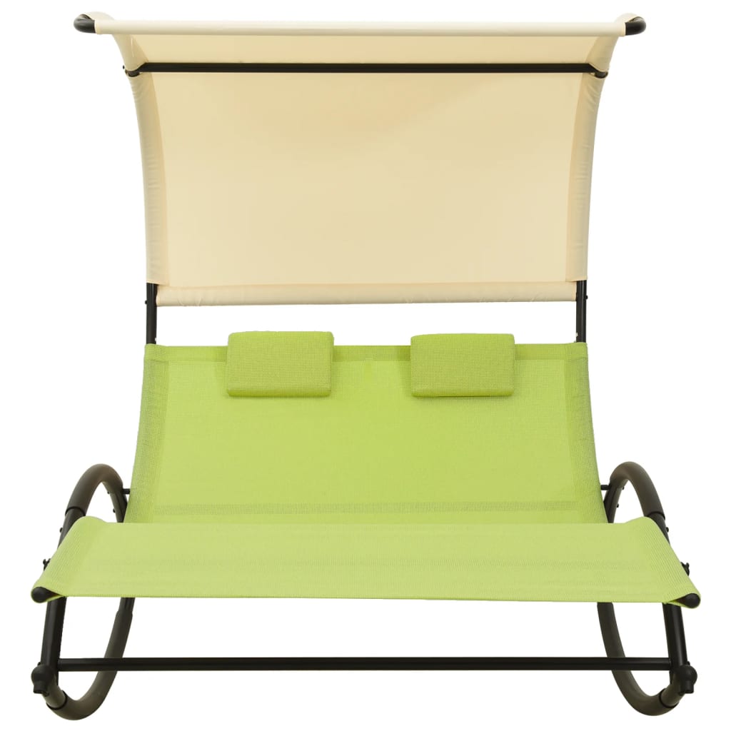 vidaXL Șezlong de plajă dublu cu baldachin, verde și crem, textilenă vidaXL Șezlong de plajă dublu cu baldachin, verde și crem, textilenă