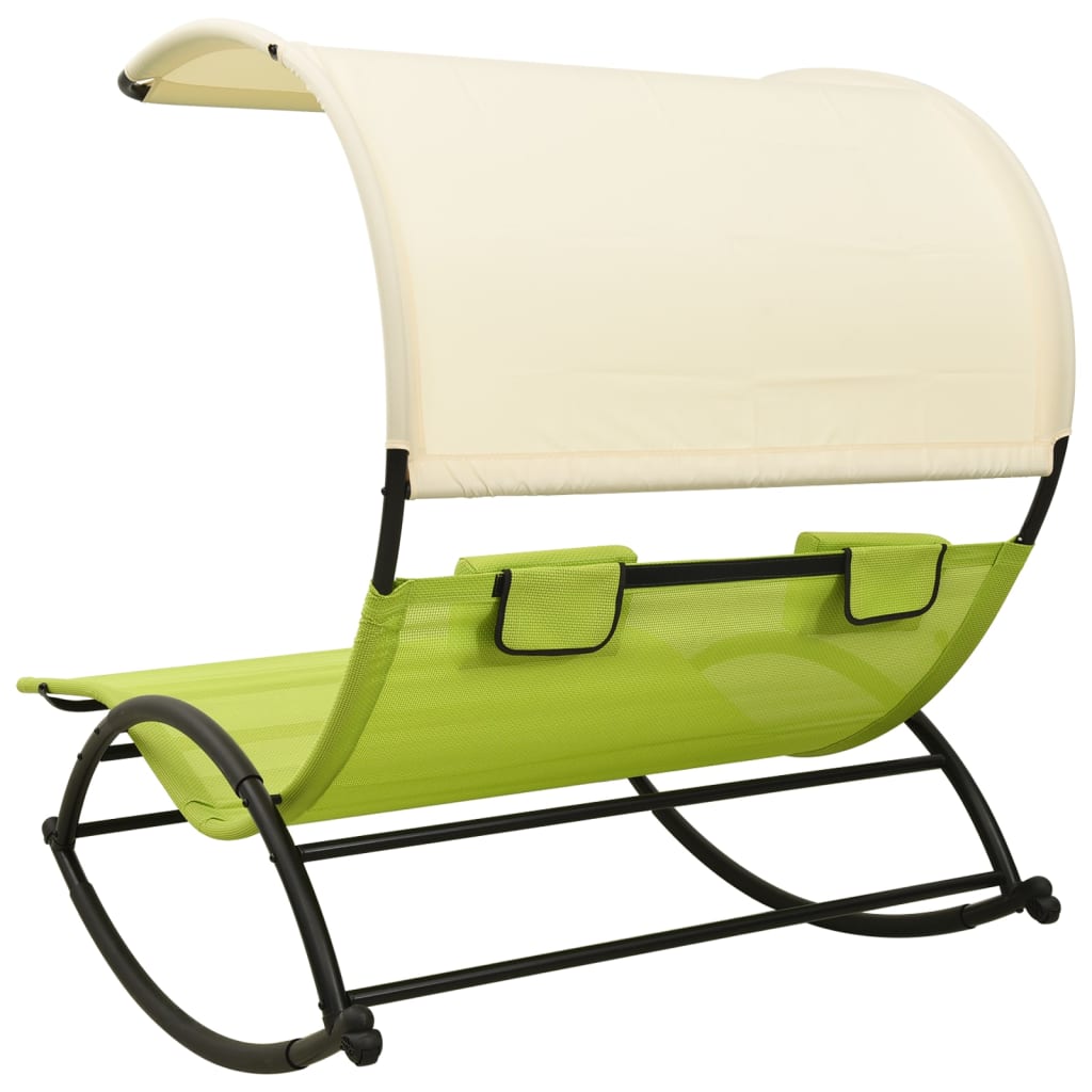 vidaXL Șezlong de plajă dublu cu baldachin, verde și crem, textilenă vidaXL Șezlong de plajă dublu cu baldachin, verde și crem, textilenă