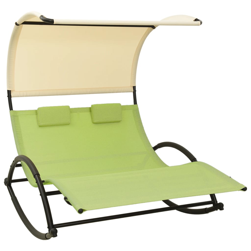 vidaXL Șezlong de plajă dublu cu baldachin, verde și crem, textilenă vidaXL Șezlong de plajă dublu cu baldachin, verde și crem, textilenă