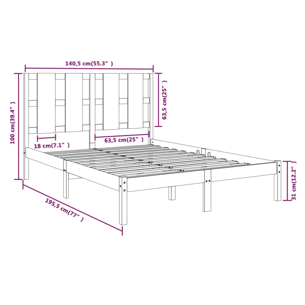 vidaXL Cadru de pat dublu, 135x190 cm, lemn masiv