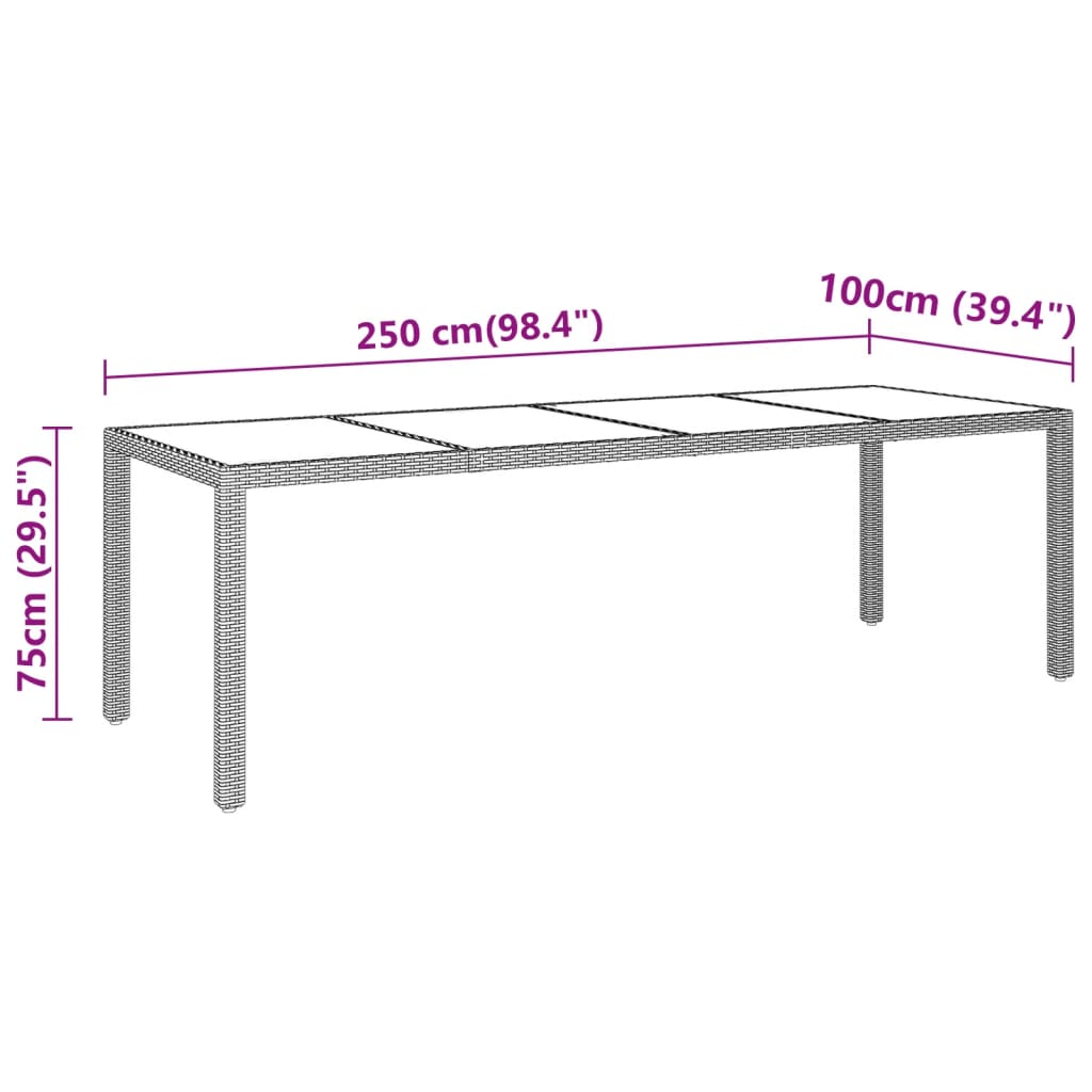 vidaXL Masă de grădină gri 250x100x75 cm sticlă securizată/poliratan