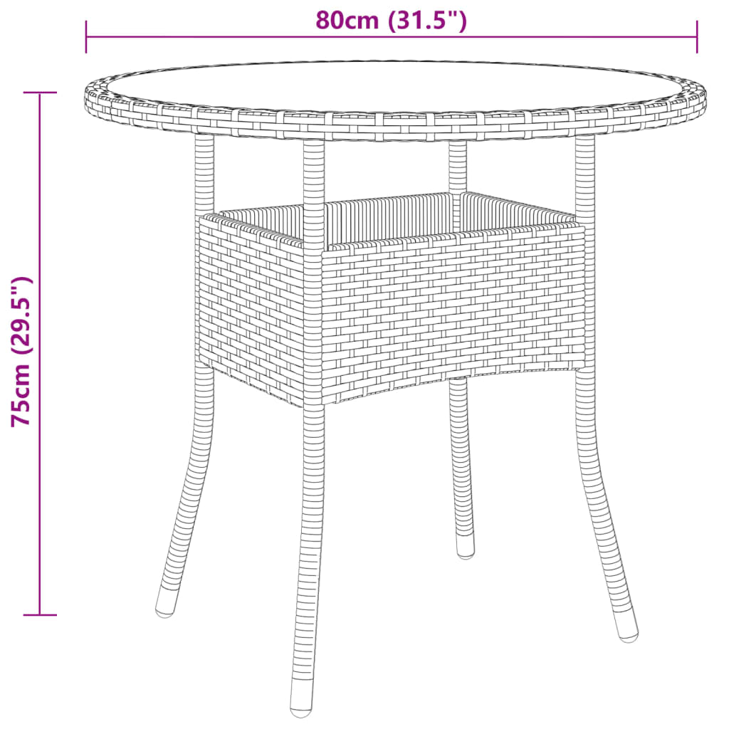 vidaXL Masă de grădină, gri, Ø80x75 cm, sticlă securizată/poliratan