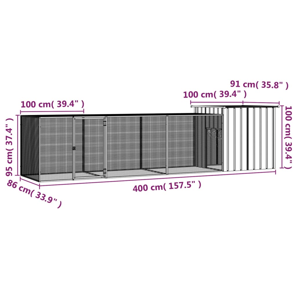 vidaXL Coteț pentru păsări, gri, 400x91x100 cm, oțel galvanizat vidaXL Coteț pentru păsări, gri, 400x91x100 cm, oțel galvanizat