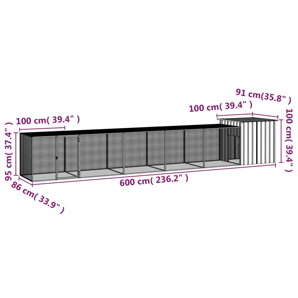 vidaXL Coteț pentru păsări, gri, 600x91x100 cm, oțel galvanizat