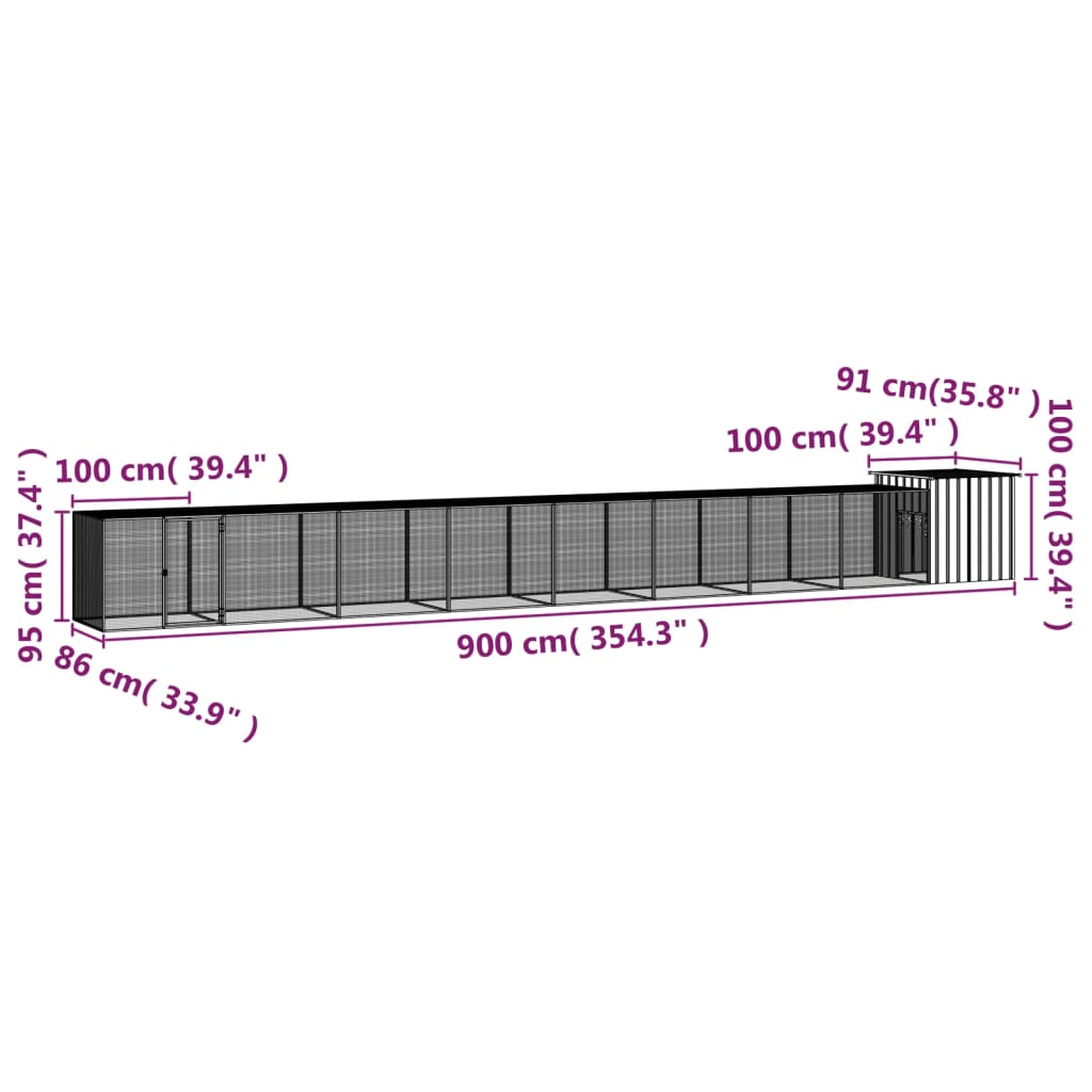 vidaXL Coteț pentru păsări, gri, 900x91x100 cm, oțel galvanizat