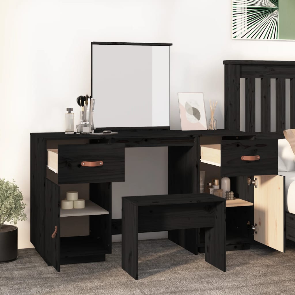 vidaXL Set masă de toaletă cu oglindă, negru, lemn masiv de pin