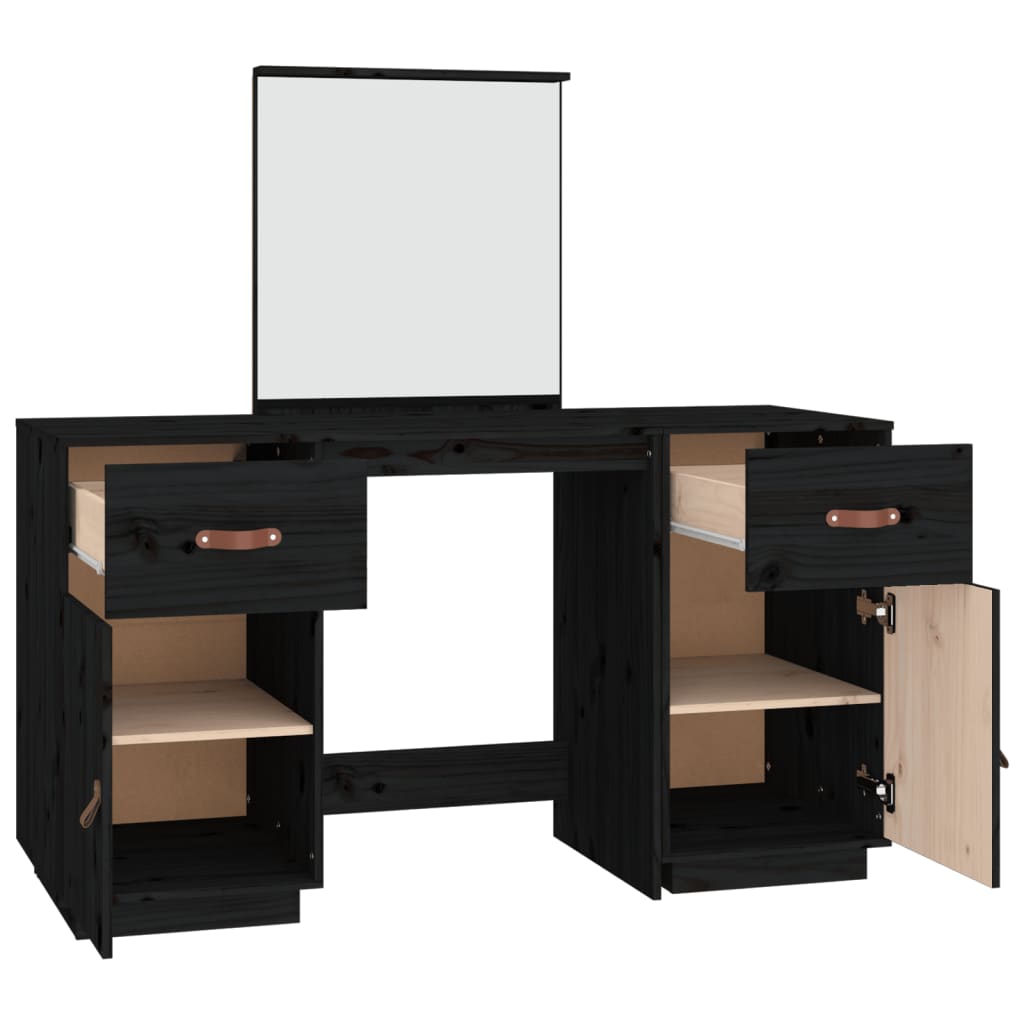 vidaXL Set masă de toaletă cu oglindă, negru, lemn masiv de pin