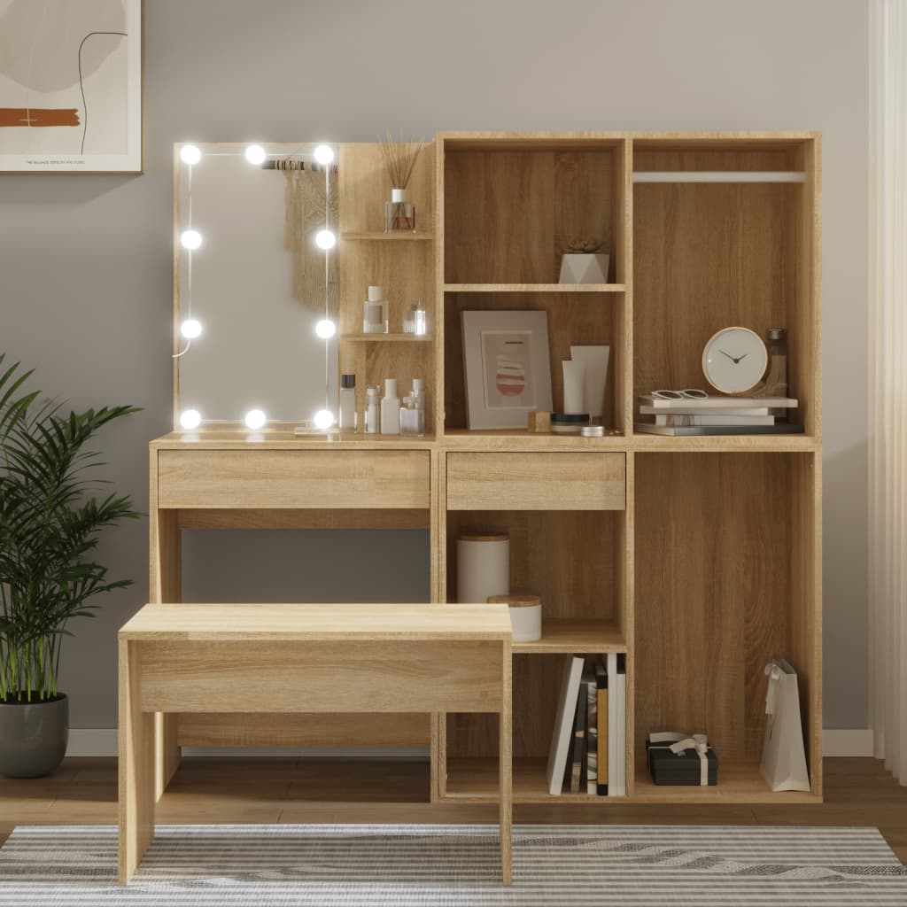 vidaXL Set de măsuță de toaletă cu LED, stejar sonoma, lemn prelucrat vidaXL Set de măsuță de toaletă cu LED, stejar sonoma, lemn prelucrat