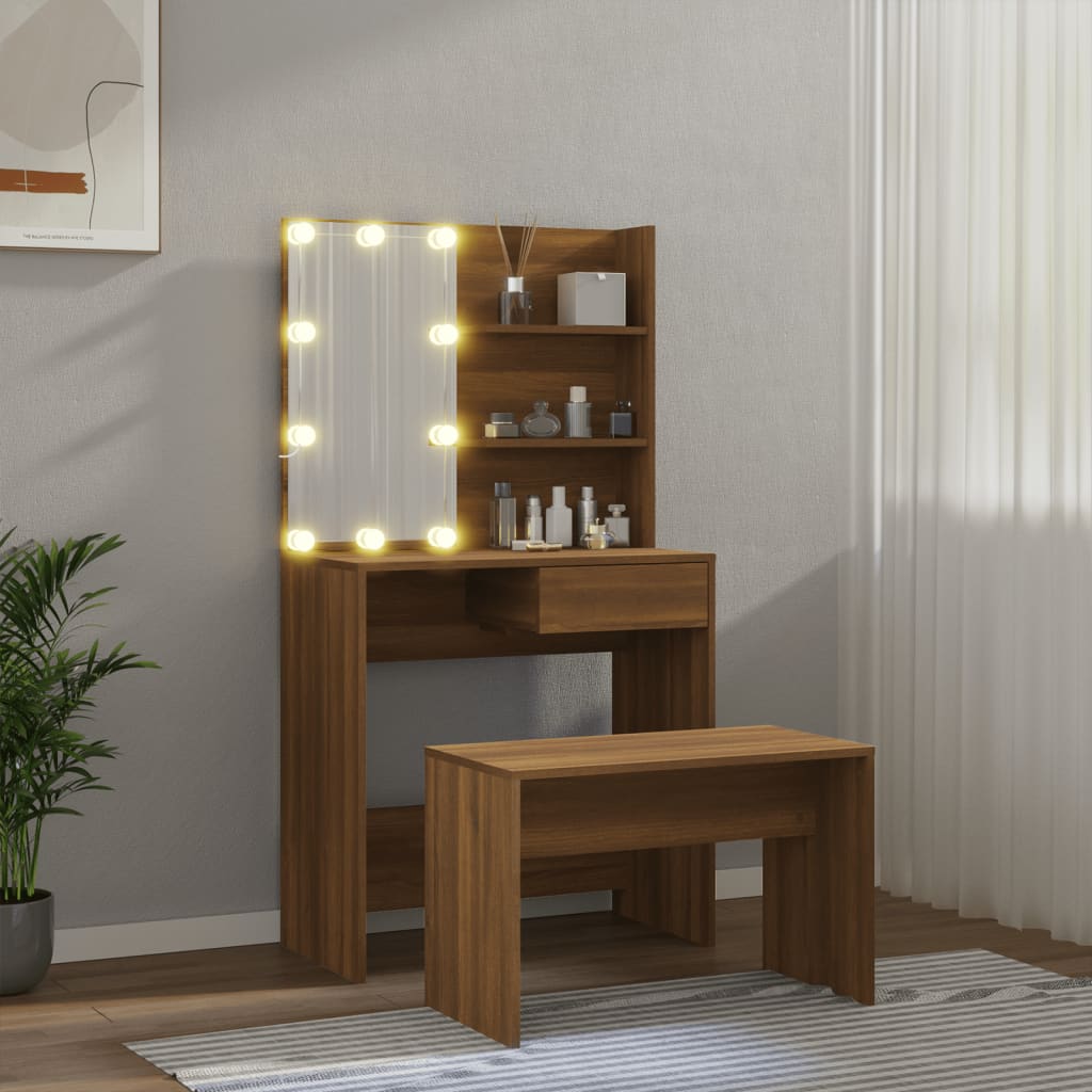 vidaXL Set de masă de toaletă cu LED, stejar maro, lemn prelucrat vidaXL Set de masă de toaletă cu LED, stejar maro, lemn prelucrat