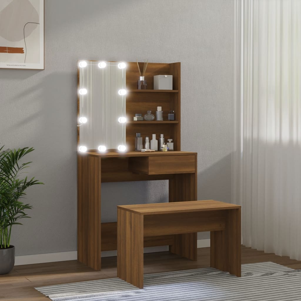 vidaXL Set de masă de toaletă cu LED, stejar maro, lemn prelucrat vidaXL Set de masă de toaletă cu LED, stejar maro, lemn prelucrat