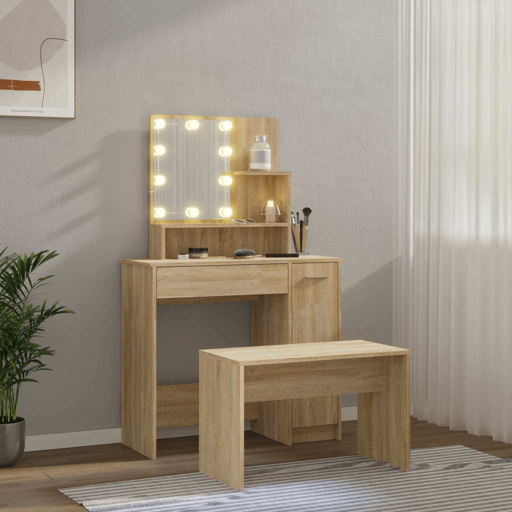 vidaXL Set de măsuță de toaletă cu LED, stejar sonoma, lemn prelucrat vidaXL Set de măsuță de toaletă cu LED, stejar sonoma, lemn prelucrat