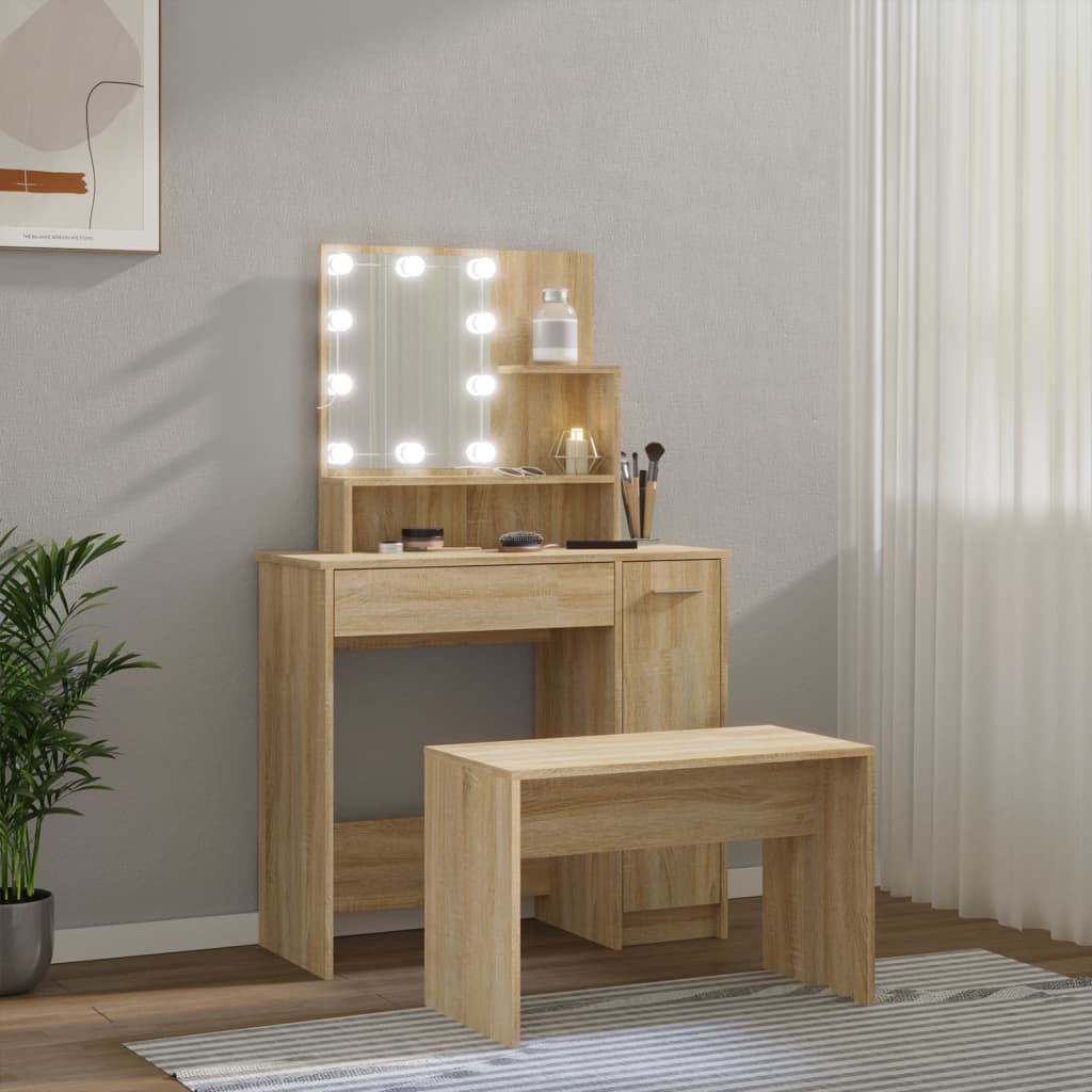 vidaXL Set de măsuță de toaletă cu LED, stejar sonoma, lemn prelucrat vidaXL Set de măsuță de toaletă cu LED, stejar sonoma, lemn prelucrat
