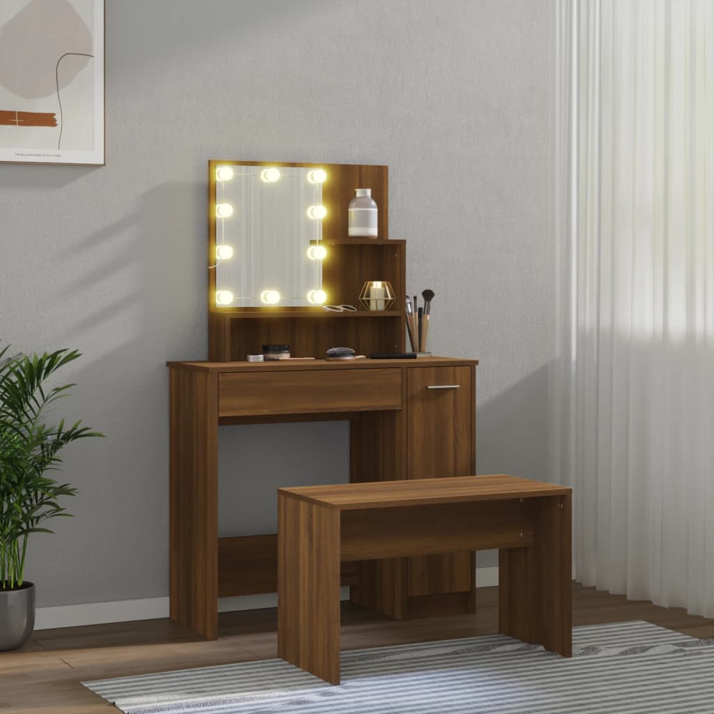 vidaXL Set de masă de toaletă cu LED, stejar maro, lemn prelucrat