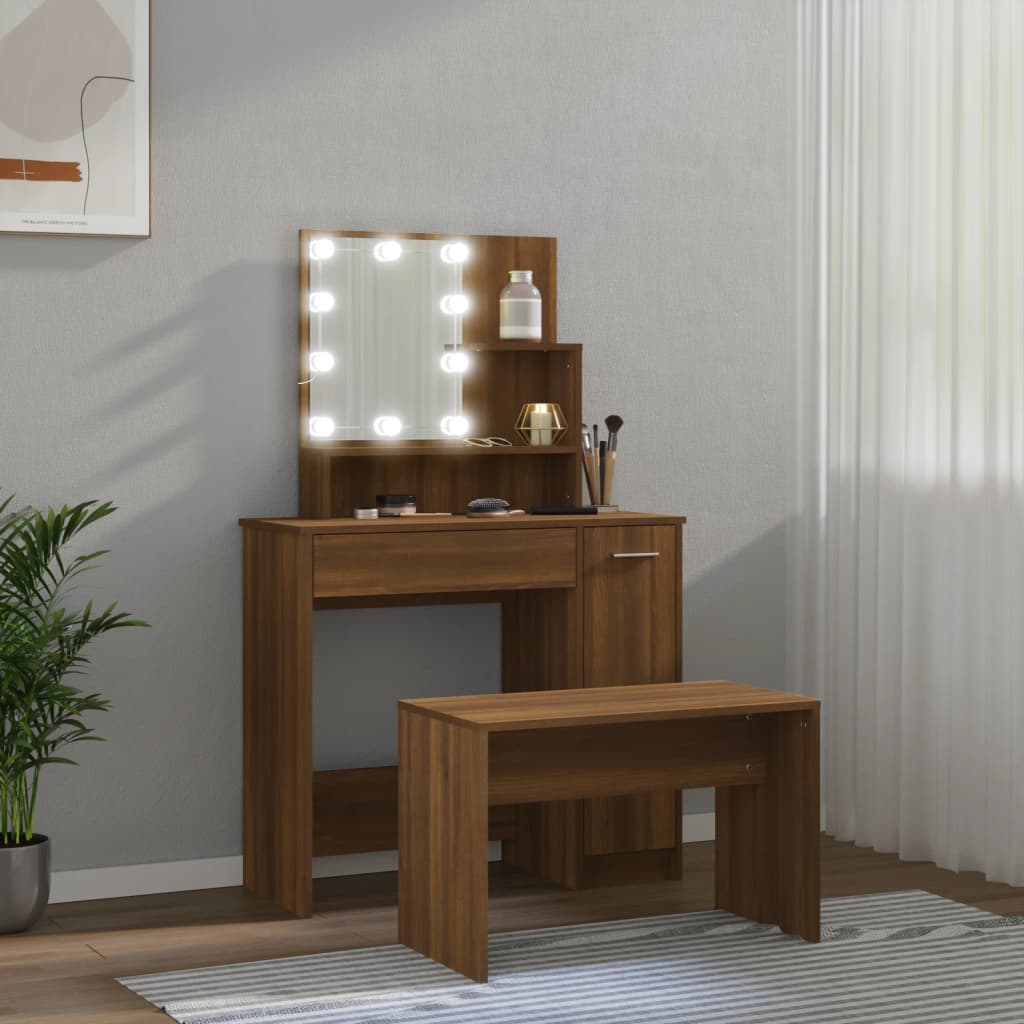 vidaXL Set de masă de toaletă cu LED, stejar maro, lemn prelucrat