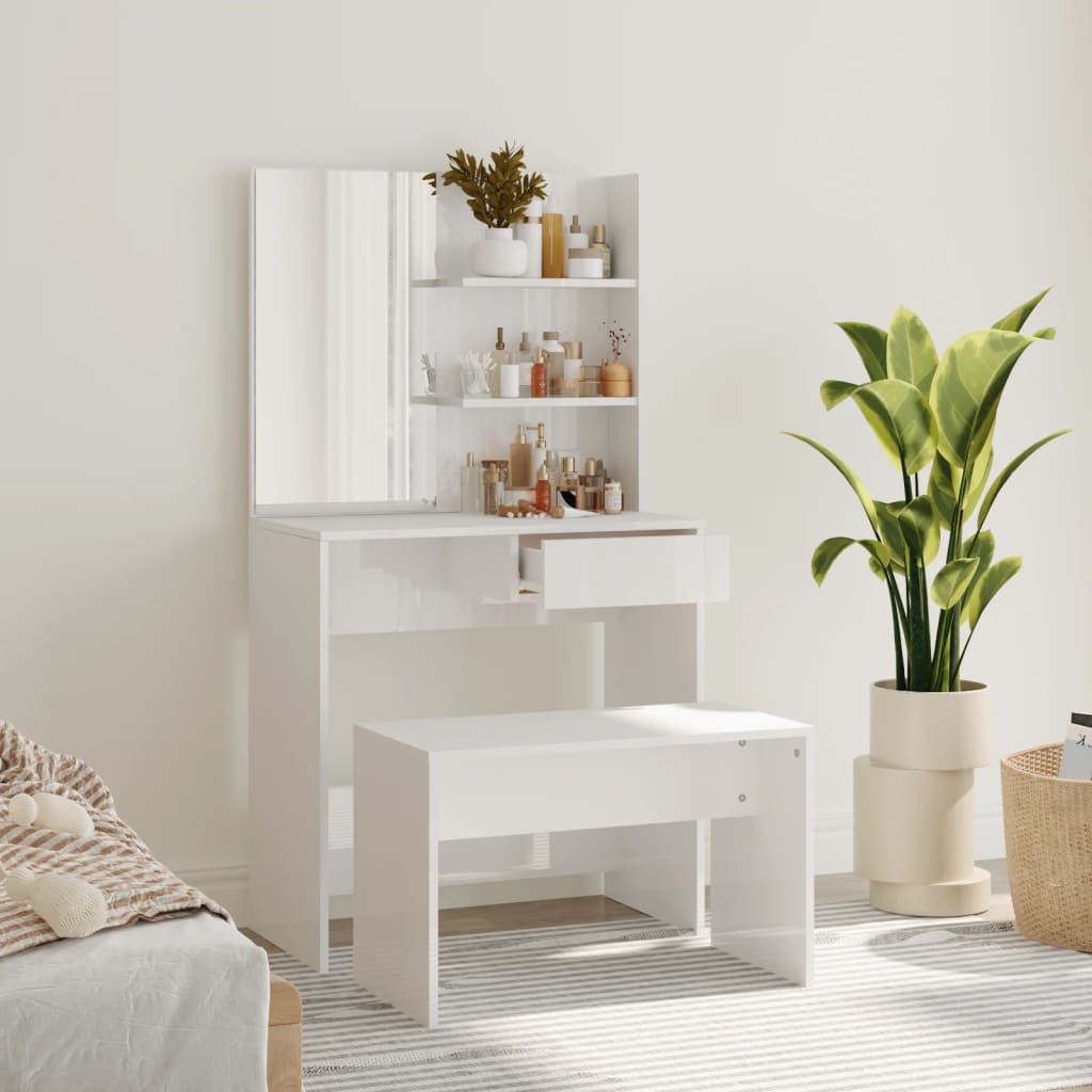 vidaXL Set măsuță de toaletă, alb extralucios, 74,5x40x141 cm vidaXL Set măsuță de toaletă, alb extralucios, 74,5x40x141 cm