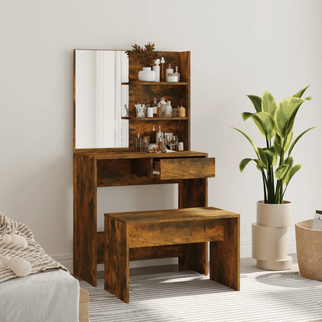 vidaXL Set măsuță de toaletă, stejar afumat, 74,5x40x141 cm vidaXL Set măsuță de toaletă, stejar afumat, 74,5x40x141 cm