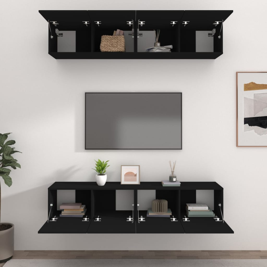 vidaXL Comode TV, 4 buc., negru, 80x30x30 cm, lemn compozit