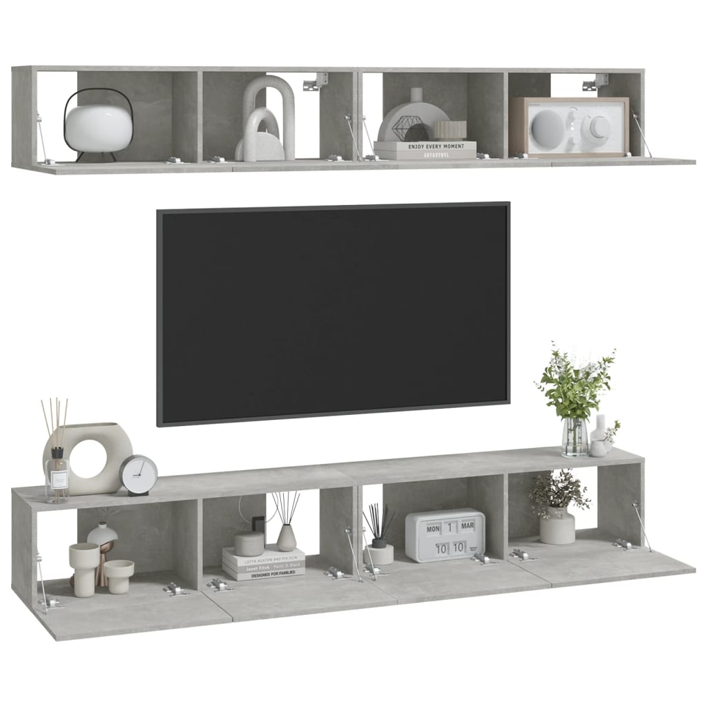 vidaXL Dulapuri TV de perete, 4 buc, gri beton, 100x30x30 cm