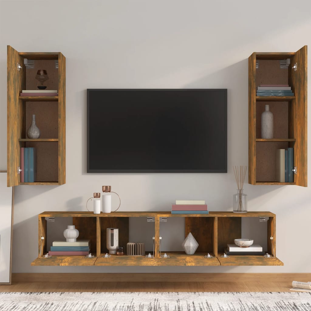 vidaXL Set dulapuri TV, 4 piese, stejar fumuriu, lemn prelucrat vidaXL Set dulapuri TV, 4 piese, stejar fumuriu, lemn prelucrat