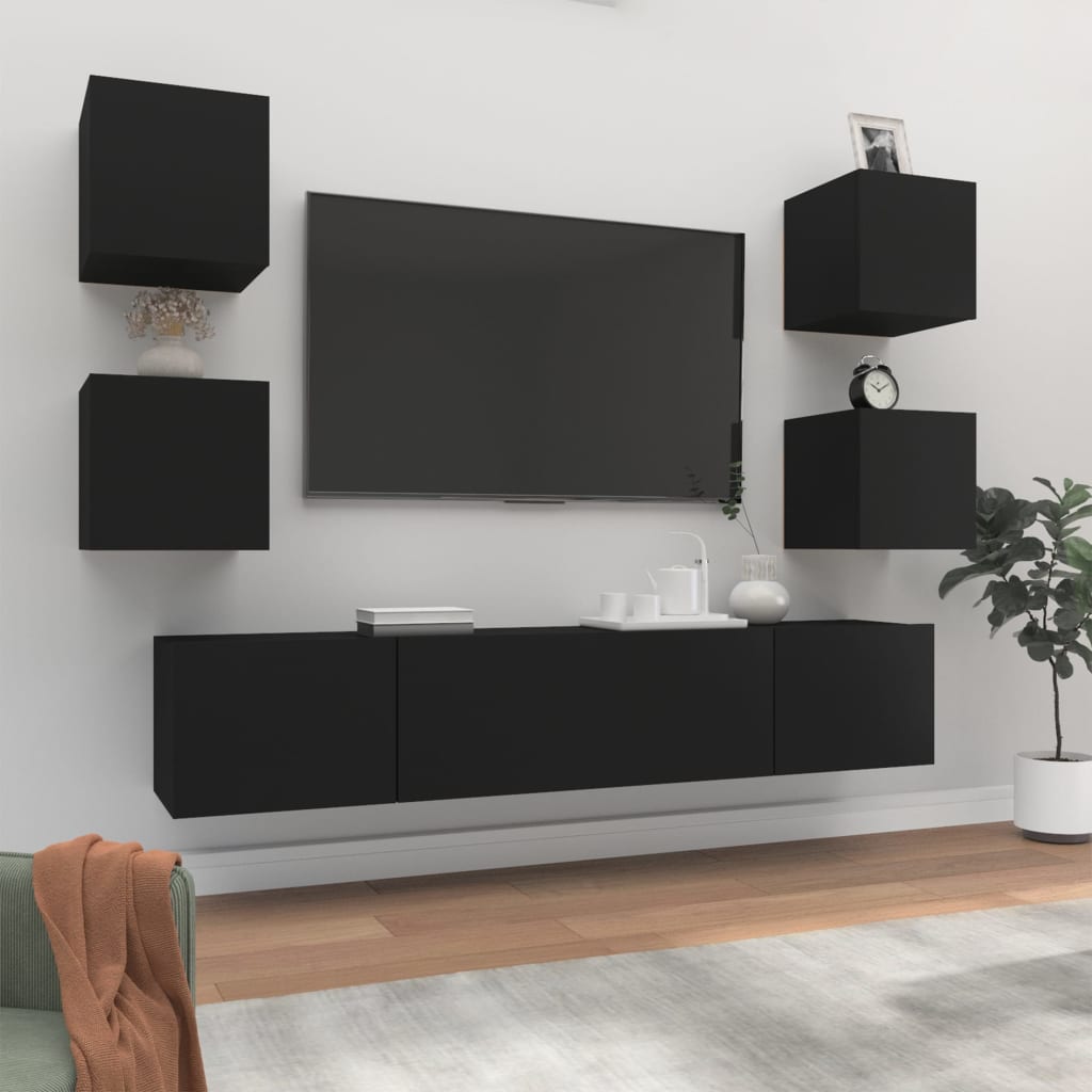 vidaXL Set dulap TV, 6 piese, negru, lemn prelucrat vidaXL Set dulap TV, 6 piese, negru, lemn prelucrat