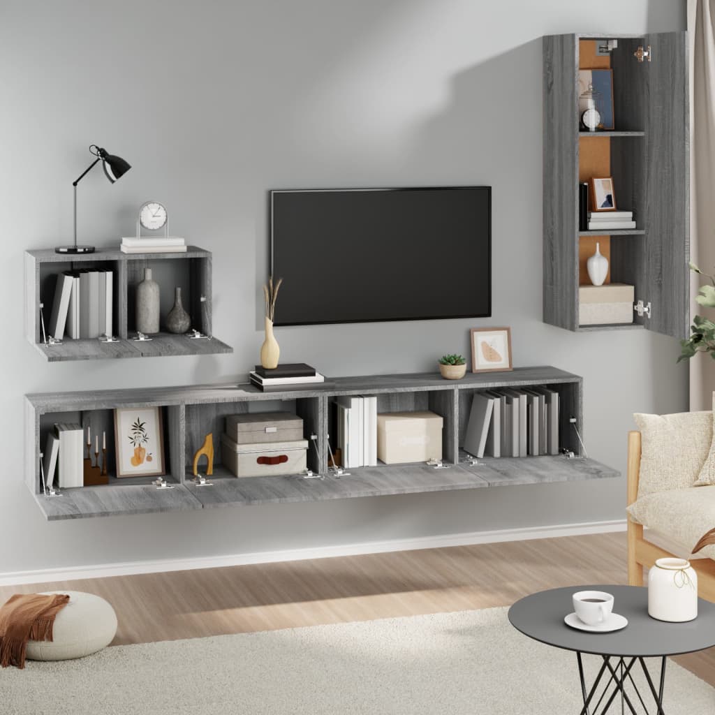 vidaXL Set dulapuri TV, 4 piese, gri sonoma, lemn prelucrat vidaXL Set dulapuri TV, 4 piese, gri sonoma, lemn prelucrat